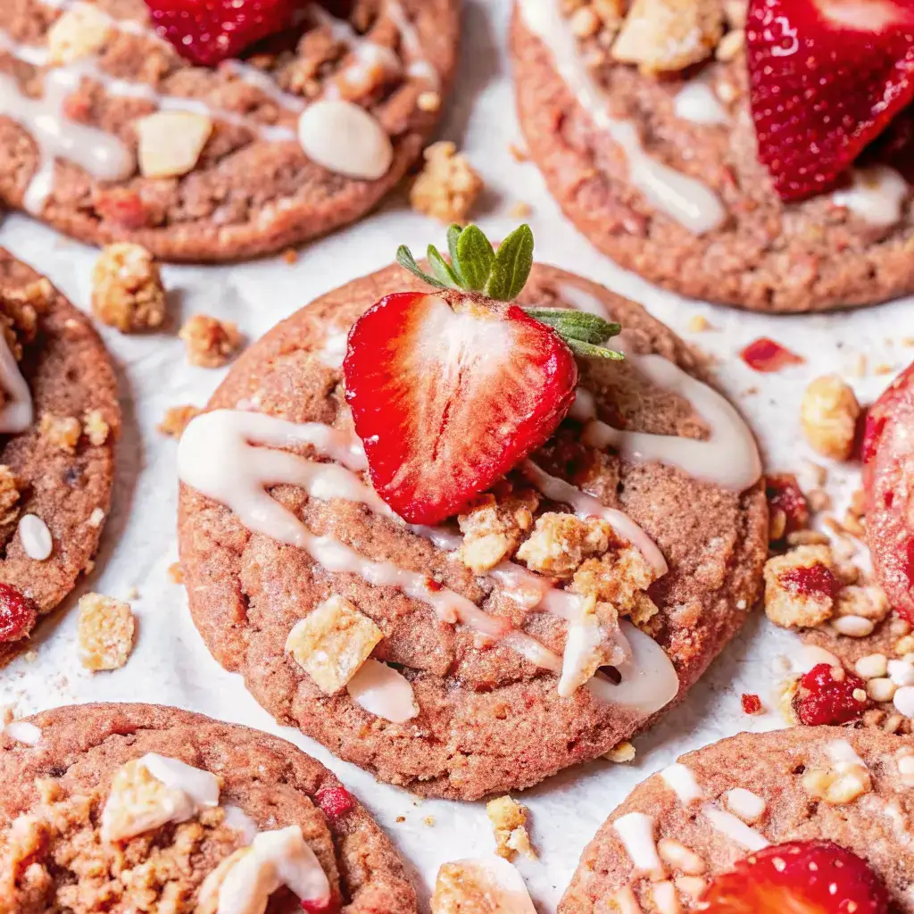 Strawberry Crunch Cookies: Sweet, Crunchy, and Bursting with Flavor 1 Strawberry crunch cookie with vanilla glaze, cookie crumbs, and a fresh strawberry slice on top