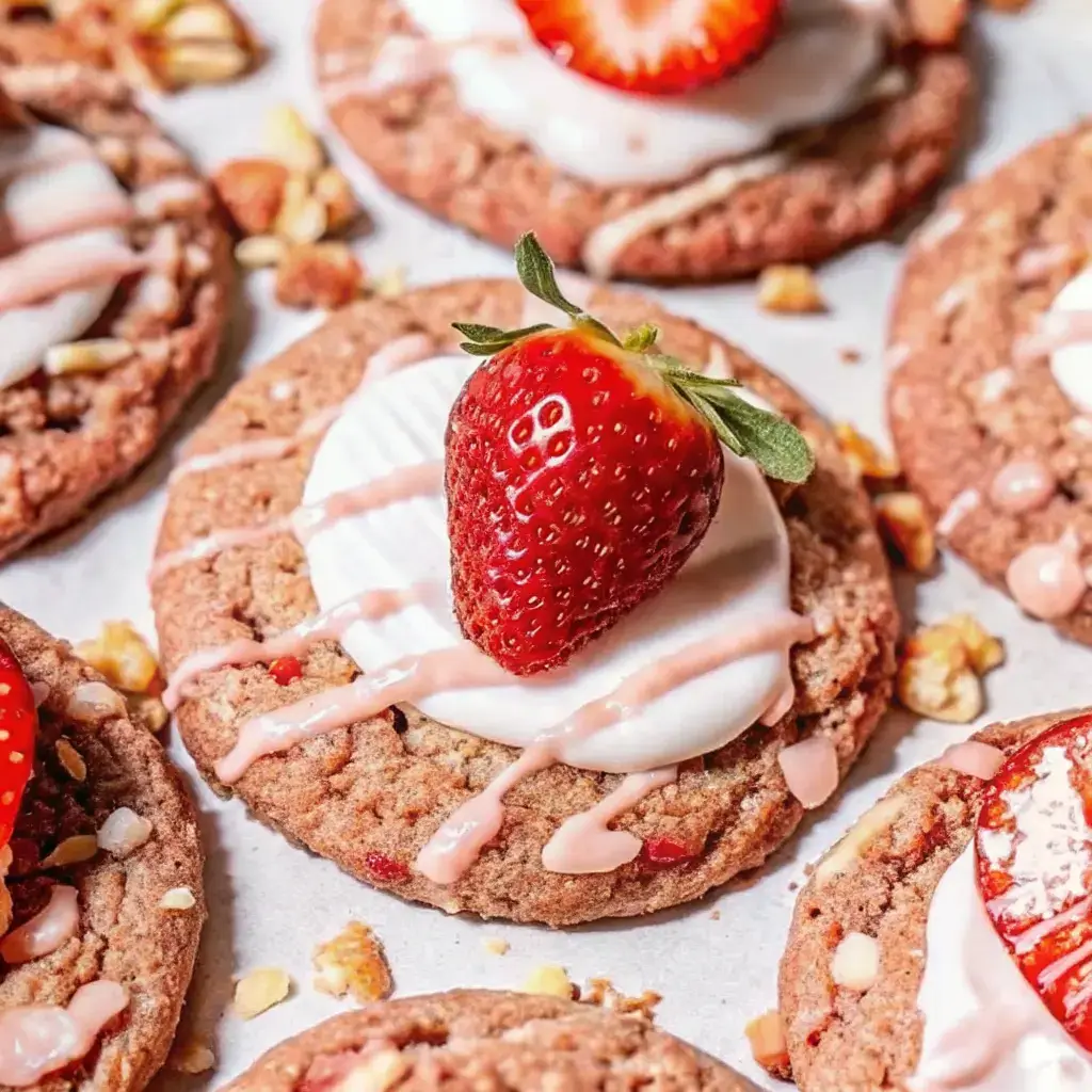 Strawberry Crunch Cookies: Sweet, Crunchy, and Bursting with Flavor 3 Strawberry crunch cookie with white cream swirl and whole fresh strawberry