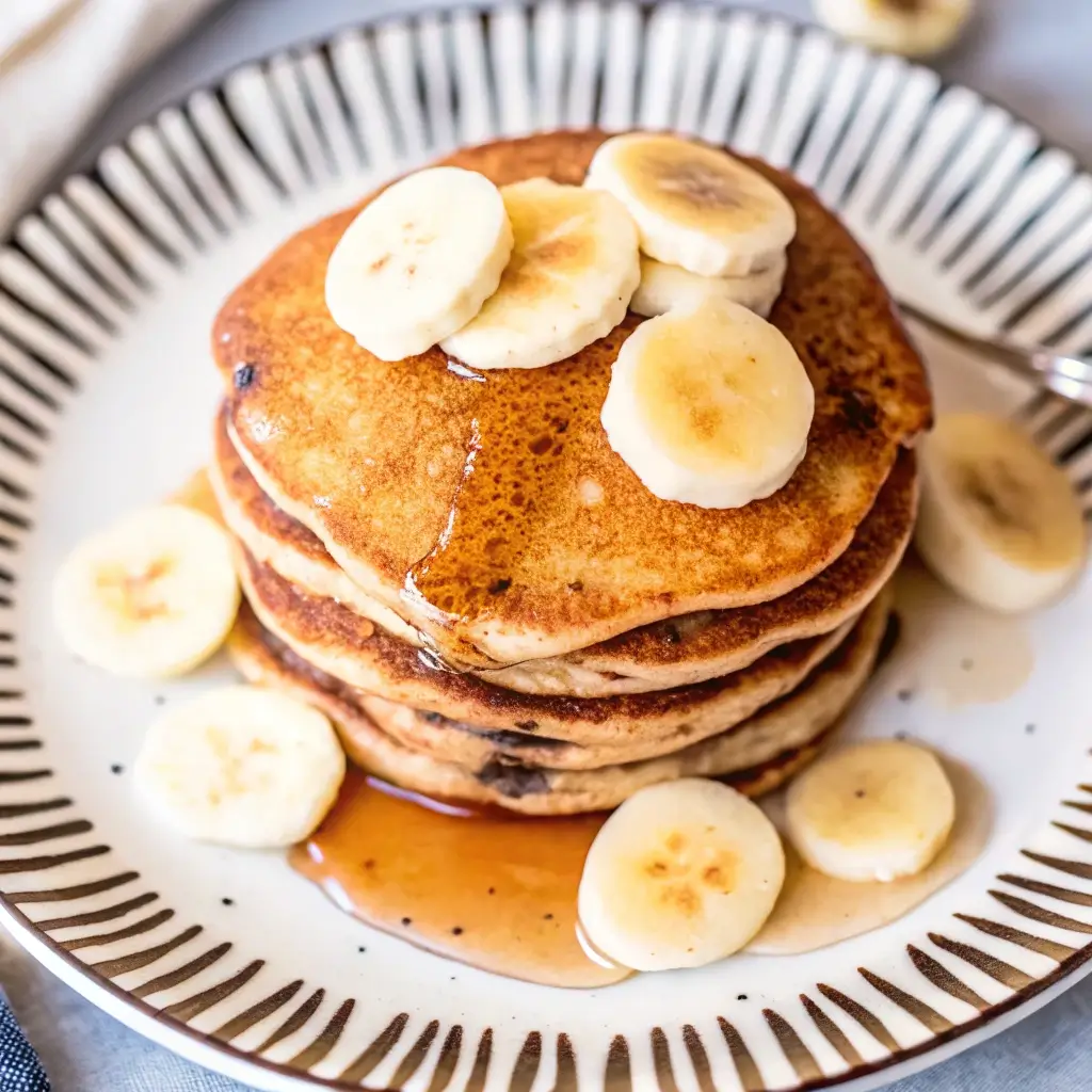 Banana Cottage Cheese Pancakes – Fluffy, Easy & High-Protein Breakfast 1 Stack of fluffy banana cottage cheese pancakes topped with banana slices and maple syrup