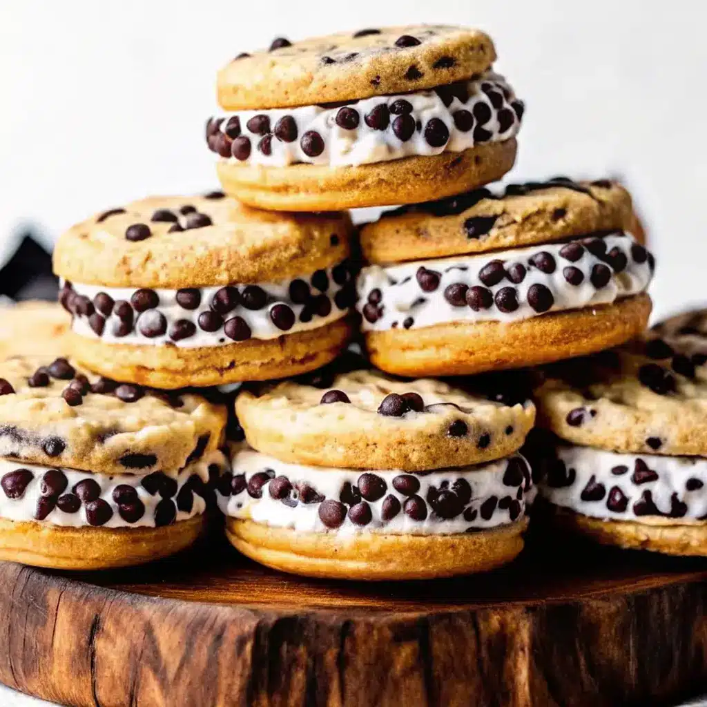 Chocolate Chip Cookie Ice Cream Sandwich Recipe That’s Perfect for Summer 1 Chocolate chip cookie ice cream sandwiches with mini chocolate chips stacked on a wooden platter