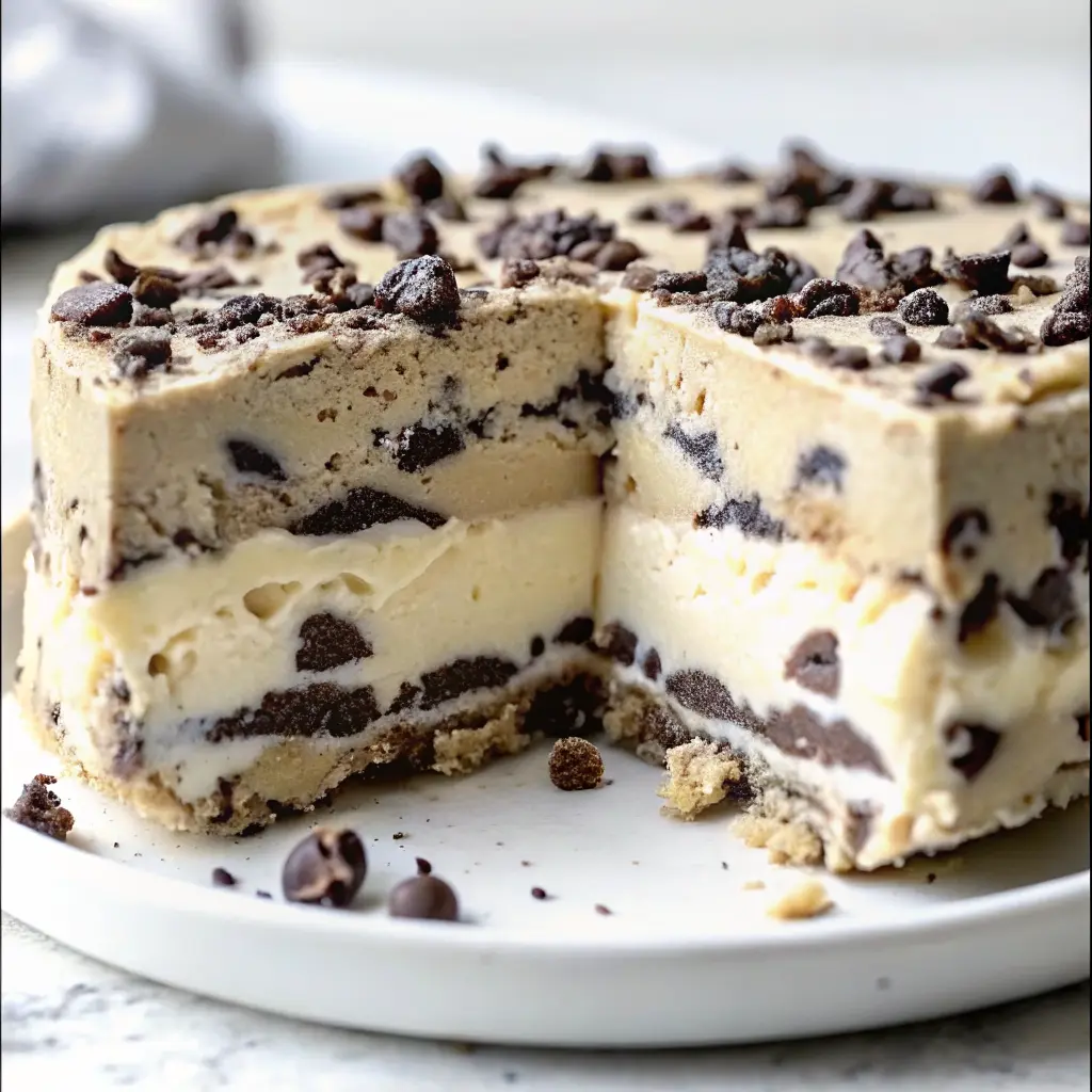 Cookie Dough Ice Cream Cake: The Ultimate No-Bake Frozen Treat 1 Cookie dough ice cream cake with layers of vanilla ice cream and cookie dough, front slice removed