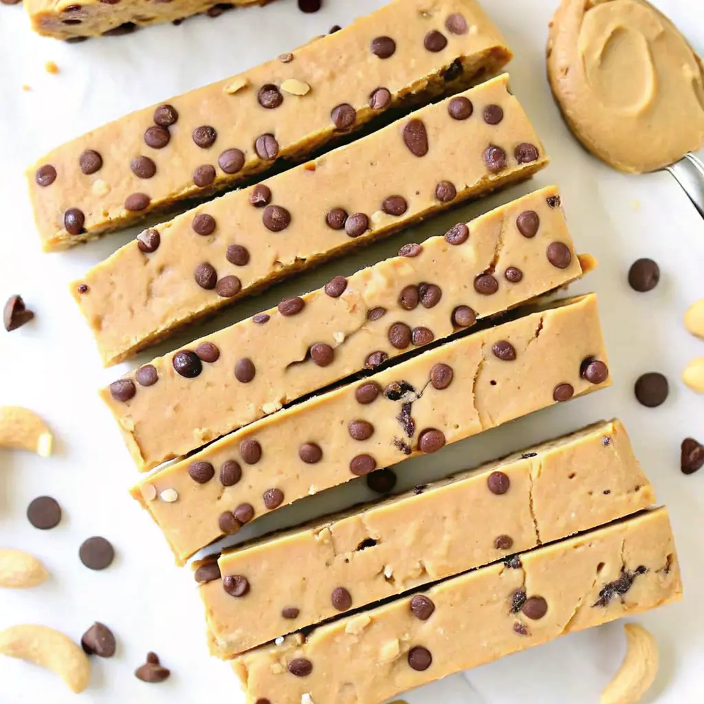 Cookie Dough Protein Bars That Taste Like Dessert and Fuel Your Goals 1 Cookie dough protein bars on a white plate topped with chocolate chips