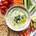 Creamy whipped cottage cheese dip recipe served with fresh vegetables and crackers