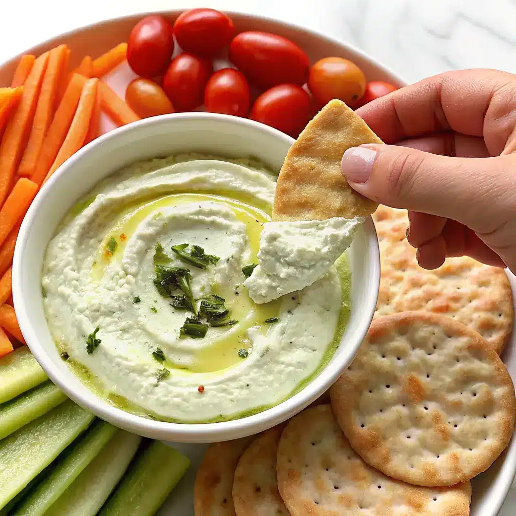 Cottage Cheese Dip Recipe: Creamy, Easy & Packed With Flavor 1 Hand scooping cottage cheese dip with pita chip from a colorful veggie platter