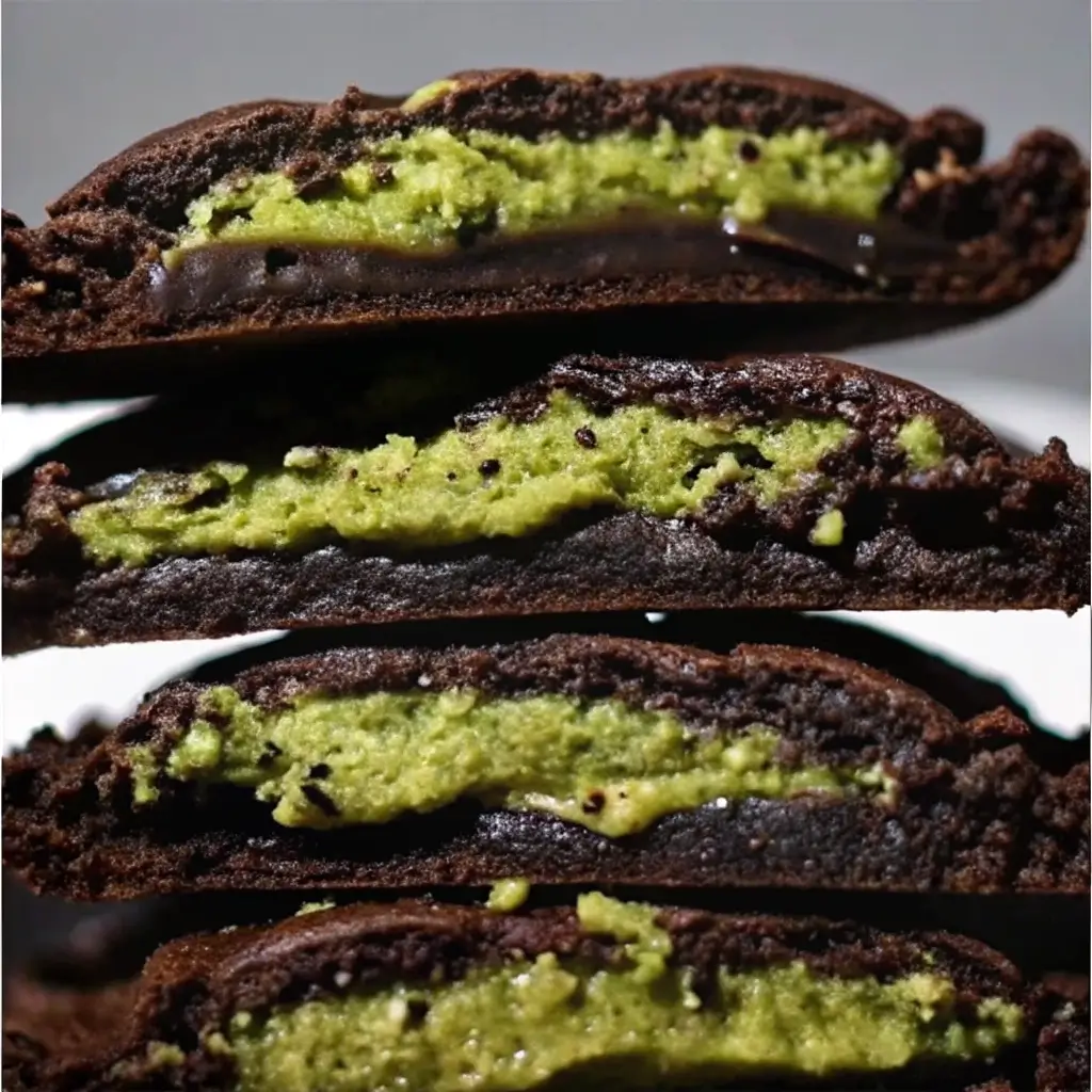 Dubai Chocolate Cookies Recipe: Rich, Chewy & Irresistible 3 Cross-section of Dubai chocolate cookies with soft green center