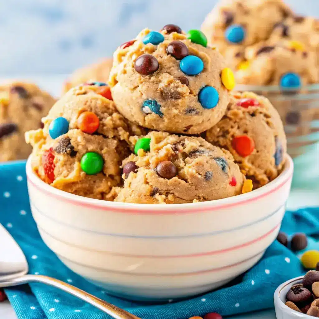 Monster Cookie Dough Recipe: Easy, Edible, and Freezer-Friendly 1 Monster cookie dough balls with candies and chocolate chips in a striped bowl