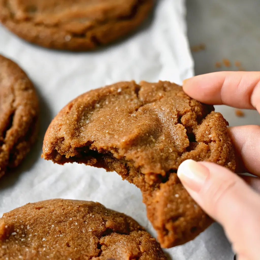 Ginger Molasses Cookies – Soft, Chewy & Full of Flavor 2 Hand holding a chewy ginger molasses cookie with a bite taken out