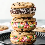 Triple-stacked chocolate chip cookie ice cream sandwiches with colorful sprinkles and mini chocolate chips