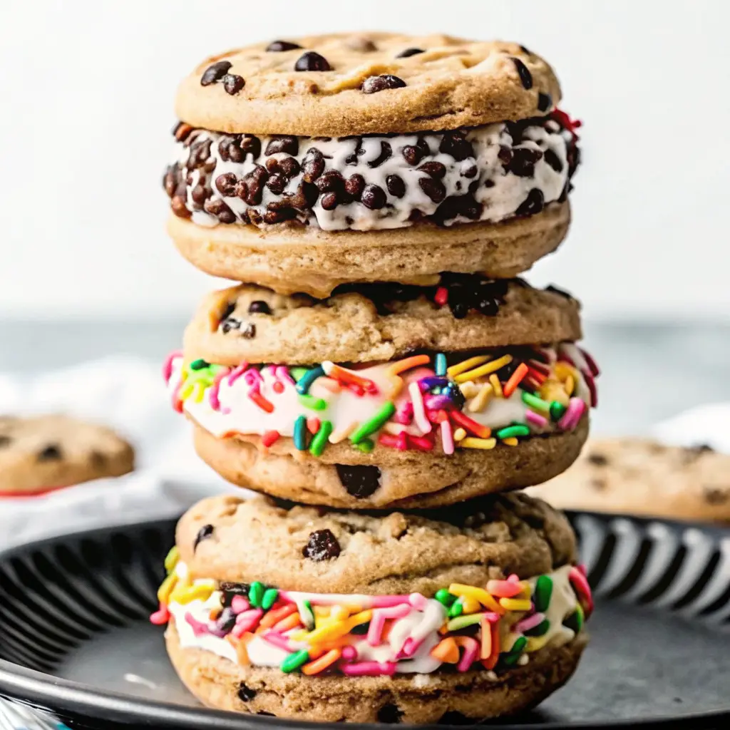 Chocolate Chip Cookie Ice Cream Sandwich Recipe That’s Perfect for Summer 3 Triple-stacked chocolate chip cookie ice cream sandwiches with colorful sprinkles and mini chocolate chips
