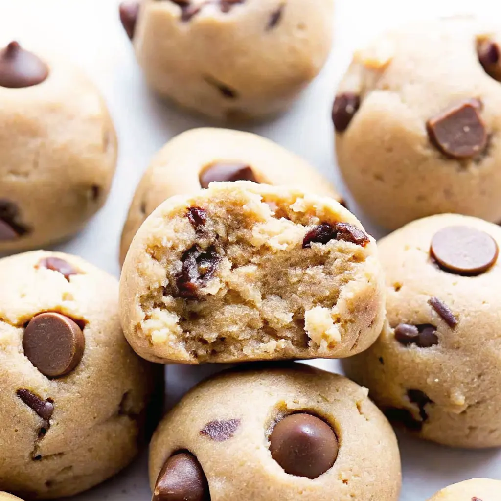 Low Calorie Cookie Dough Bites Everyone Can Enjoy 1 Healthy edible cookie dough ball with chocolate chips and creamy center