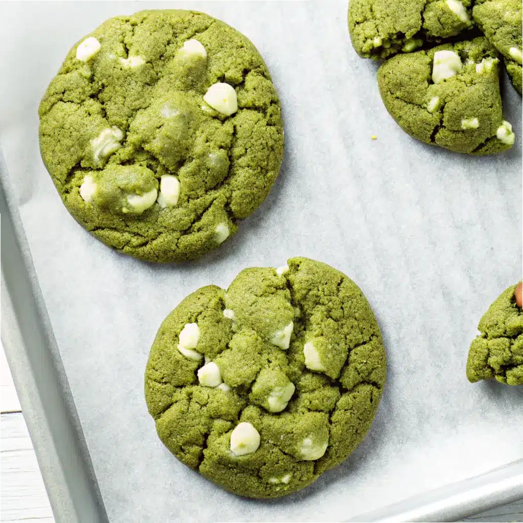 Matcha White Chocolate Cookies: Soft, Chewy & Easy to Make 3 Freshly baked matcha white chocolate cookies on a tray with parchment paper