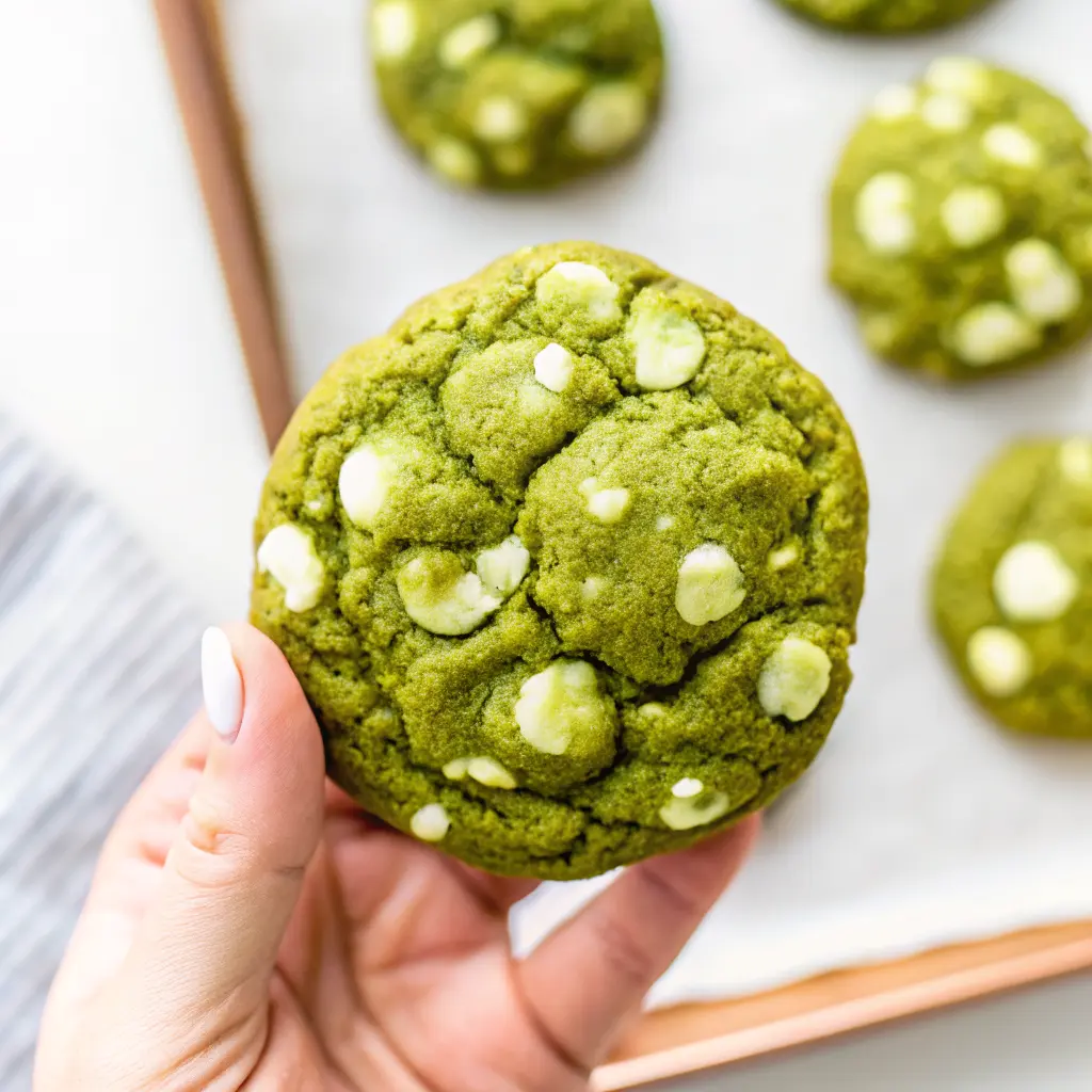 Matcha White Chocolate Cookies: Soft, Chewy & Easy to Make 2 Hand holding a thick matcha cookie with white chocolate chips