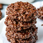 Stack of no bake cookies without peanut butter on a white plate