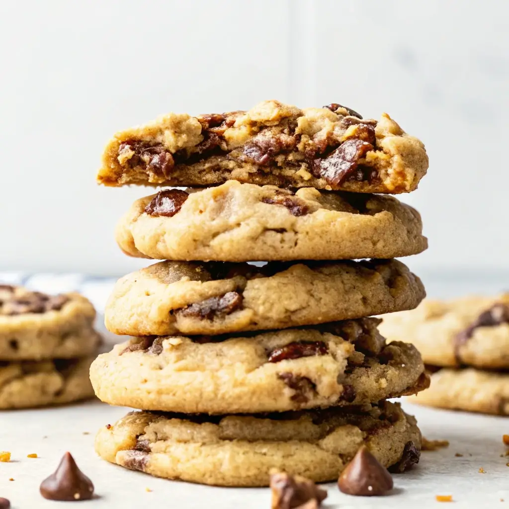 Oat Flour Cookies: Soft, Chewy, and Naturally Gluten-Free 2 Stack of oat flour chocolate chip cookies with a bite revealing gooey center