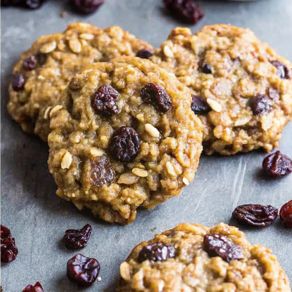 Soft oatmeal protein cookies with raisins on dark background