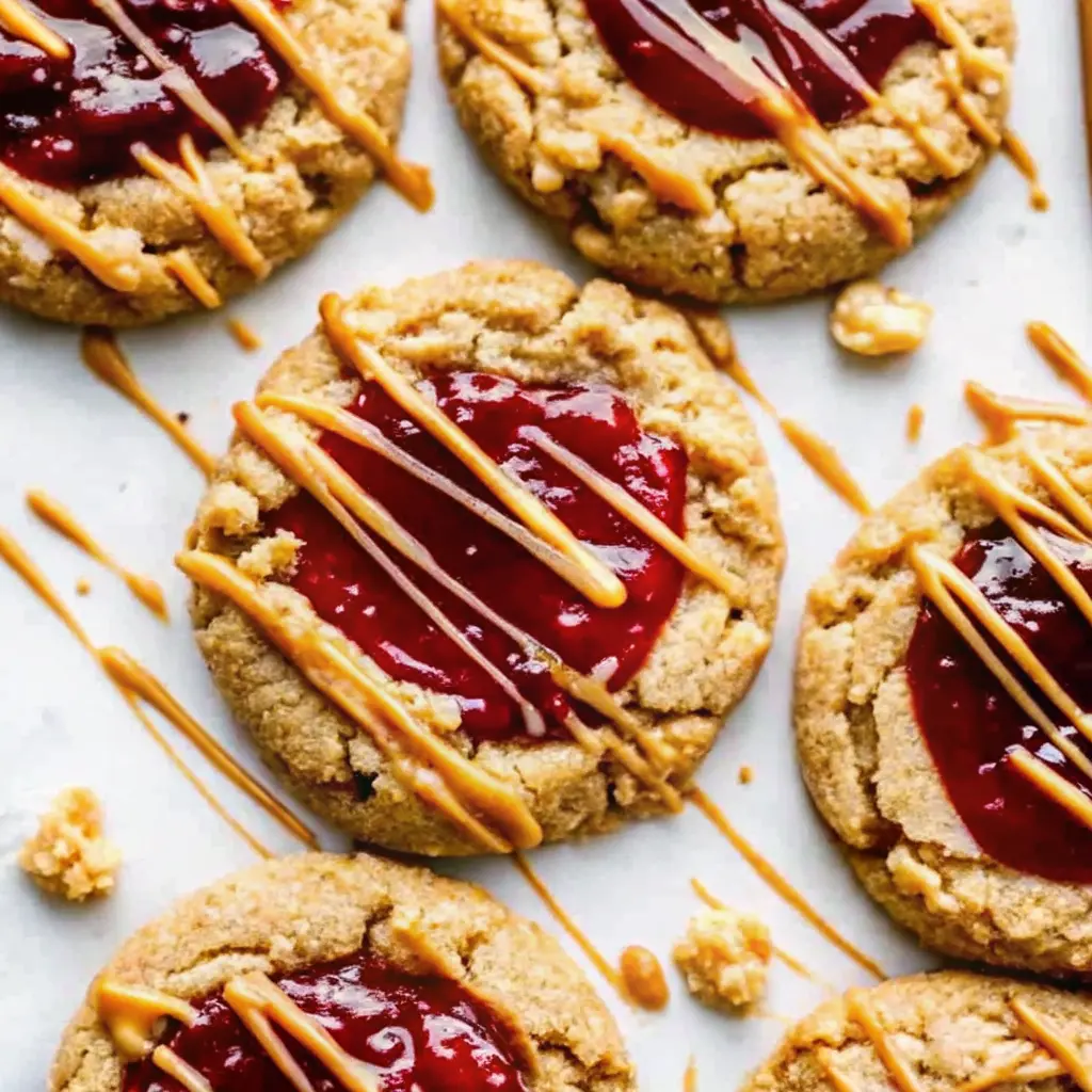 Peanut Butter and Jelly Cookies: Soft, Sweet & Nostalgic Favorite 3 Close-up of peanut butter and jelly thumbprint cookies drizzled with peanut butter