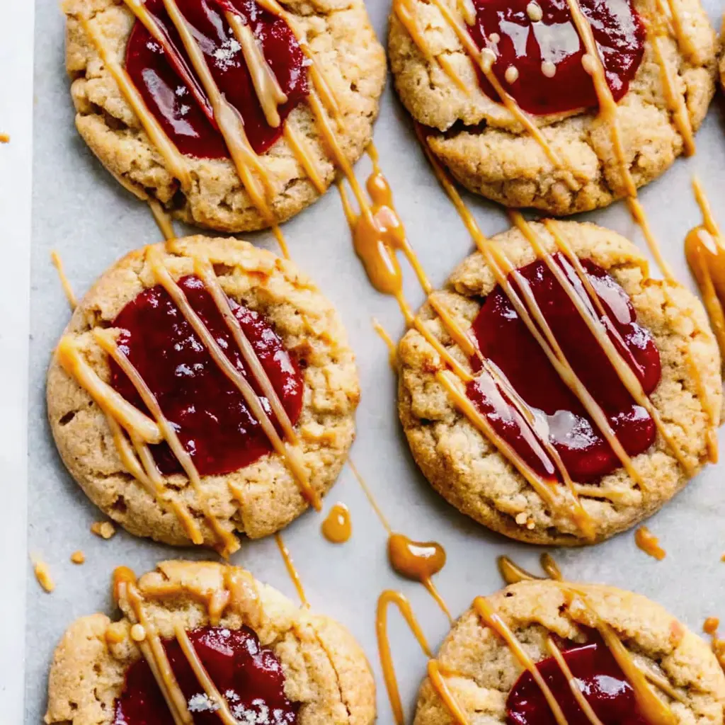 Peanut Butter and Jelly Cookies: Soft, Sweet & Nostalgic Favorite 1 Peanut butter cookies topped with jelly and peanut butter drizzle on parchment