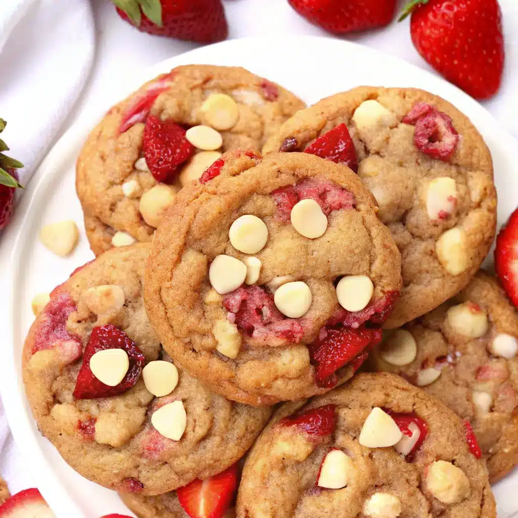 Strawberries and Cream Cookies: The Best Chewy Summer Treat 1 Soft strawberries and cream cookies with white chocolate chips and fresh strawberries on a plate