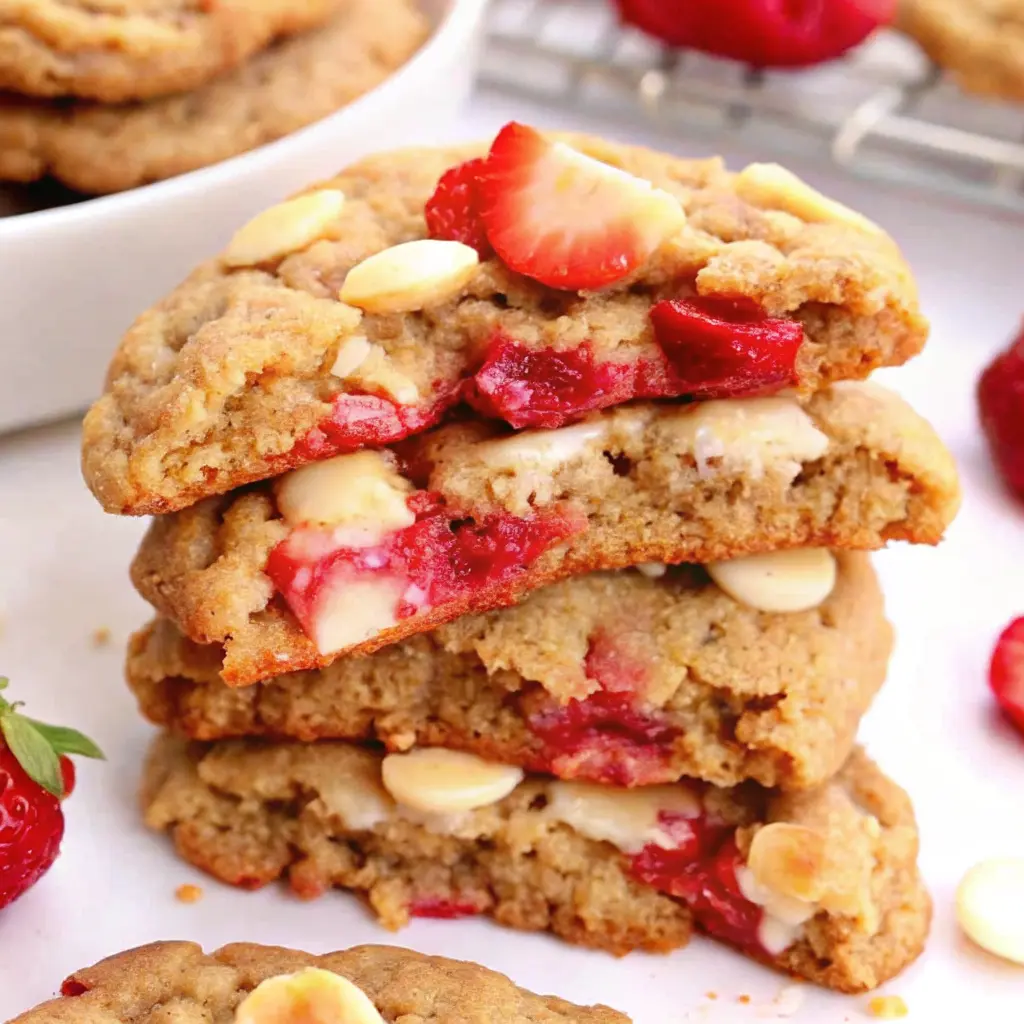 Strawberries and Cream Cookies: The Best Chewy Summer Treat 2 Stack of strawberries and cream cookies with gooey centers and melted white chocolate chips