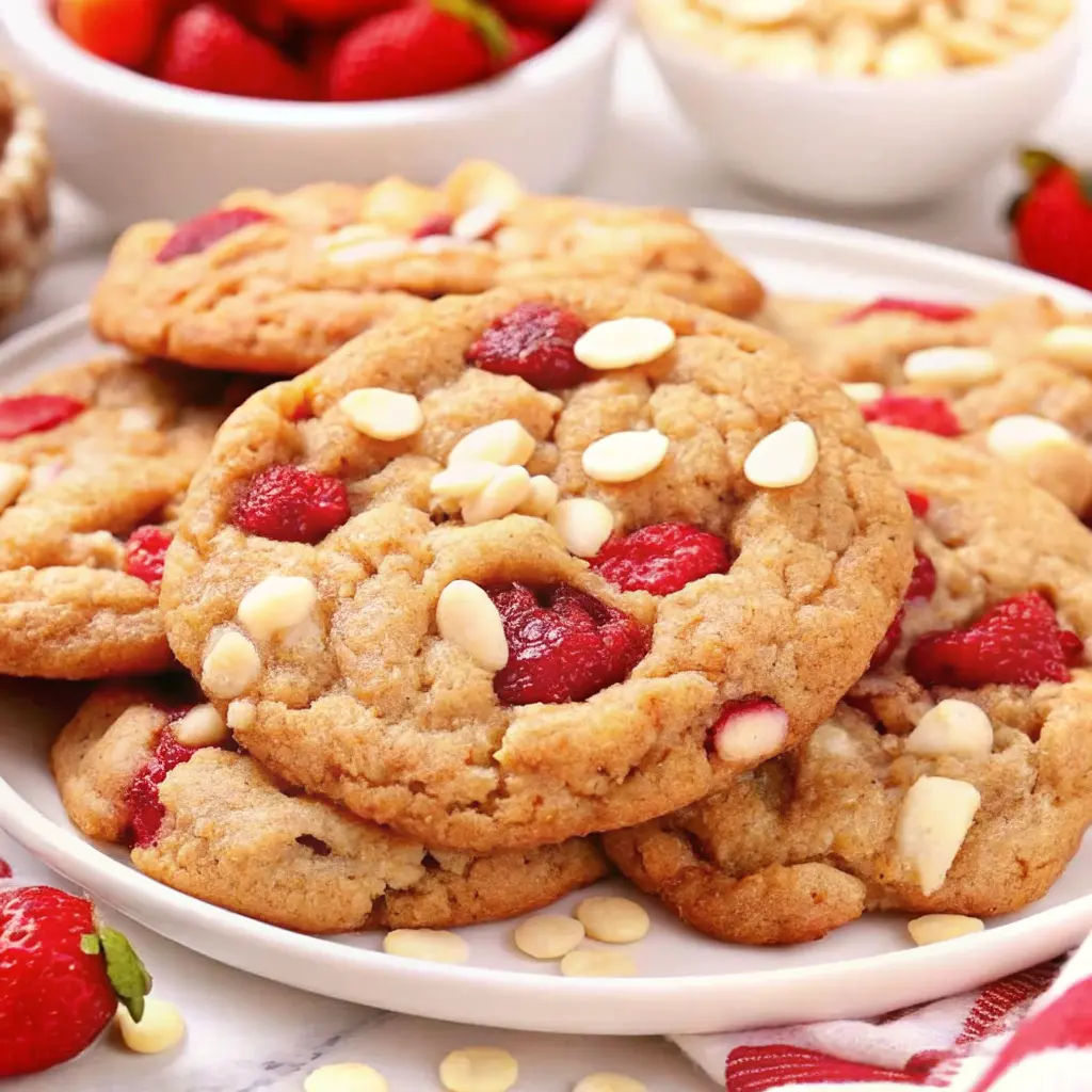 Strawberries and Cream Cookies: The Best Chewy Summer Treat 3 Plate of strawberries and cream cookies surrounded by white chocolate chips and fresh strawberries