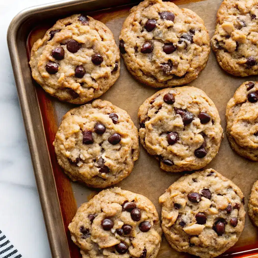 Peanut Butter Oatmeal Chocolate Chip Cookies – Easy, Chewy & Classic 3 Homemade peanut butter oatmeal chocolate chip cookies on baking tray