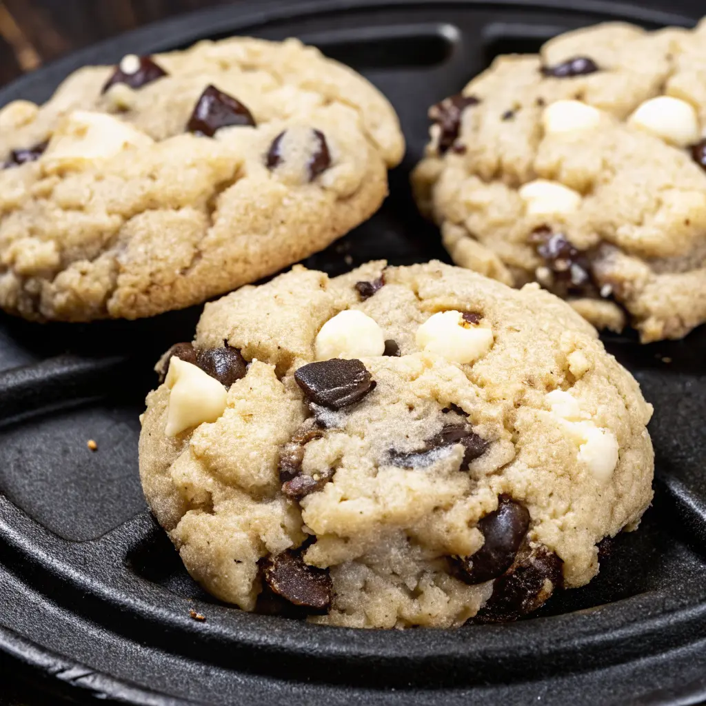 Cookies and Cream Protein Powder Cookies That Taste Better Than the Real Thing 1 Soft and chewy cookies and cream protein powder cookies with white and dark chocolate chips on a baking tray