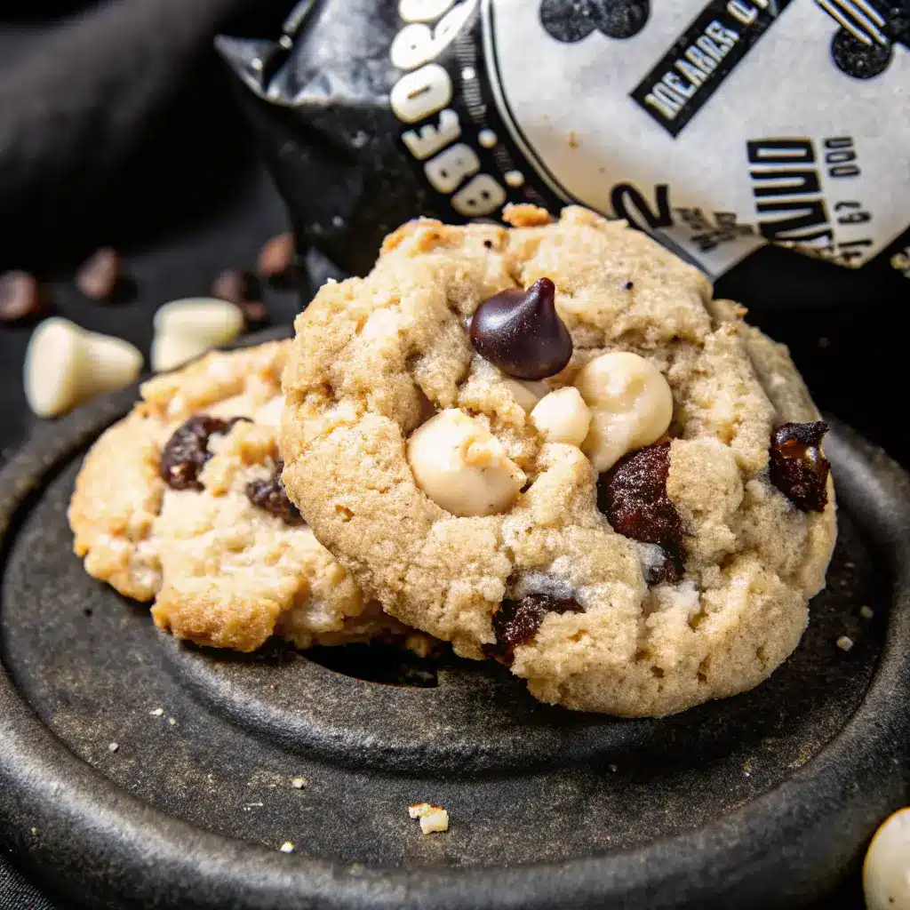 Cookies and Cream Protein Powder Cookies That Taste Better Than the Real Thing 2 Cookies and cream protein powder cookies with chocolate chips on a black plate