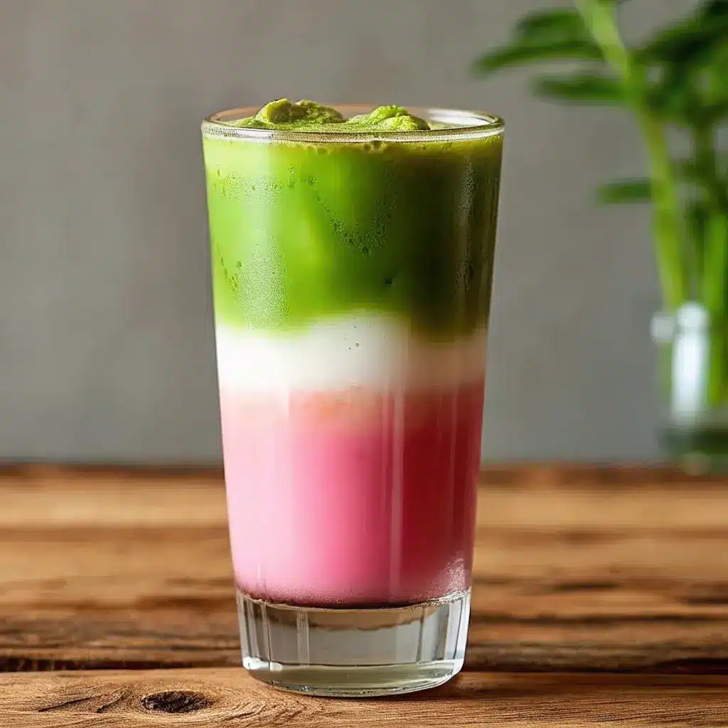 Guava Matcha Milk Tea Recipe: Creamy, Refreshing, and Easy 1 Vibrant layered guava matcha milk tea in a tall glass with ice