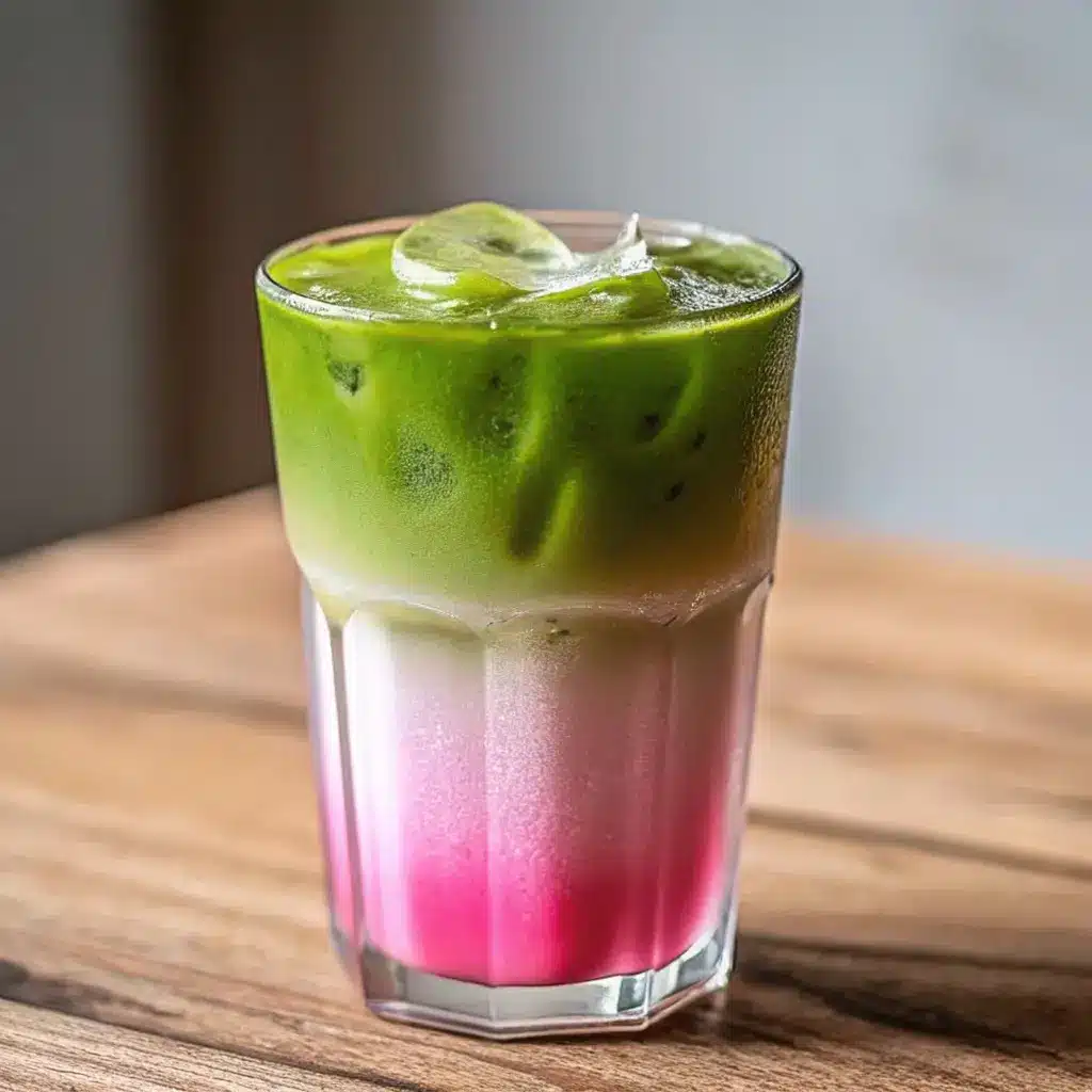 Guava Matcha Milk Tea Recipe: Creamy, Refreshing, and Easy 2 Colorful iced guava matcha milk tea in a short glass with ice cubes