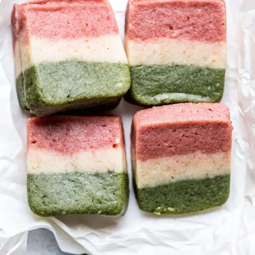 Strawberry Matcha Shortbread Cookies: A Colorful and Crisp Treat 2 Triple-layered Strawberry Matcha Shortbread Cookies with vibrant red, white, and green stripes