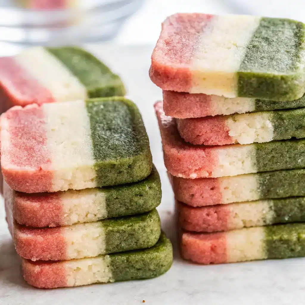Strawberry Matcha Shortbread Cookies: A Colorful and Crisp Treat 4 Stack of thin Strawberry Matcha Shortbread Cookies with crisp edges