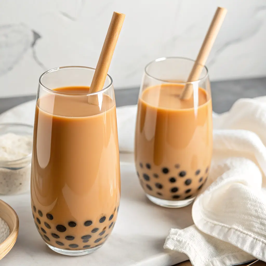 Black Milk Tea Bubble Tea: Creamy, Classic, and Easy to Make 2 Glasses of black milk tea bubble tea with tapioca pearls and eco-friendly straws