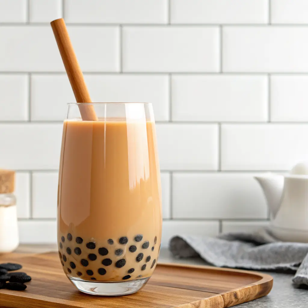 Black Milk Tea Bubble Tea: Creamy, Classic, and Easy to Make 1 Black milk tea bubble tea with tapioca pearls in a tall glass on wooden tray