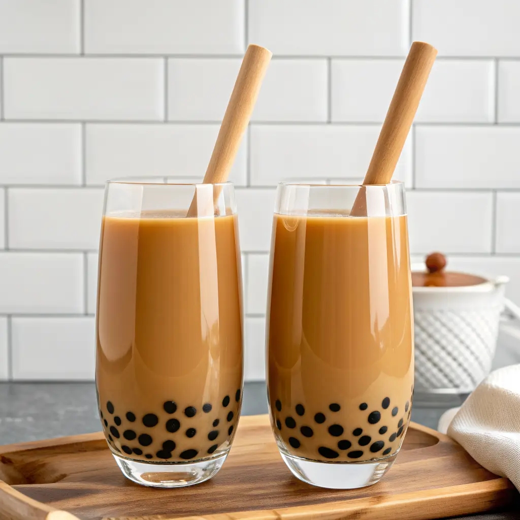 Black Milk Tea Bubble Tea: Creamy, Classic, and Easy to Make 4 Two glasses of black milk tea bubble tea with boba pearls and bamboo straws