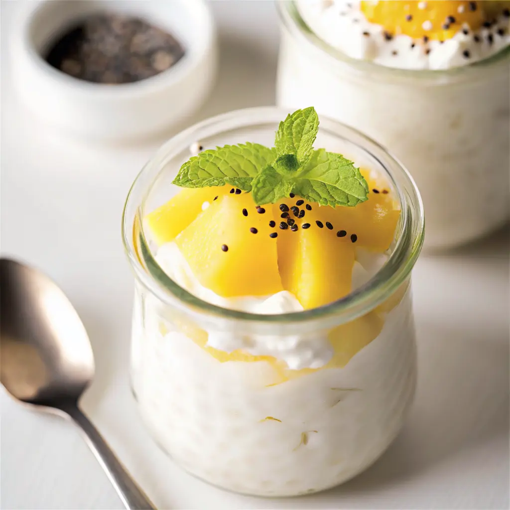 Cottage Cheese and Pineapple: Sweet, Healthy Snack in Minutes 2 Cottage cheese with pineapple chunks in a glass jar topped with chia seeds and fresh mint