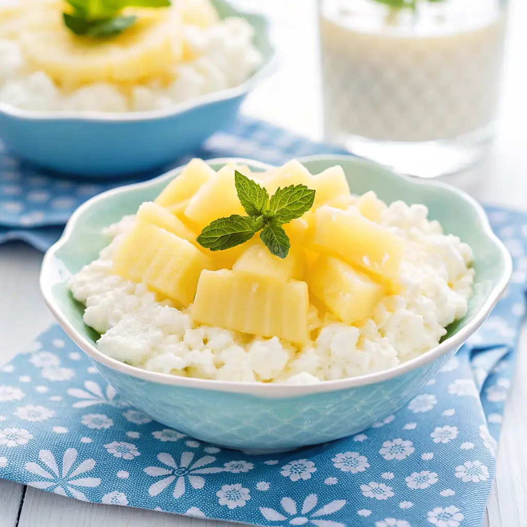 Cottage Cheese and Pineapple: Sweet, Healthy Snack in Minutes 4 Fresh pineapple chunks served with cottage cheese in a blue bowl