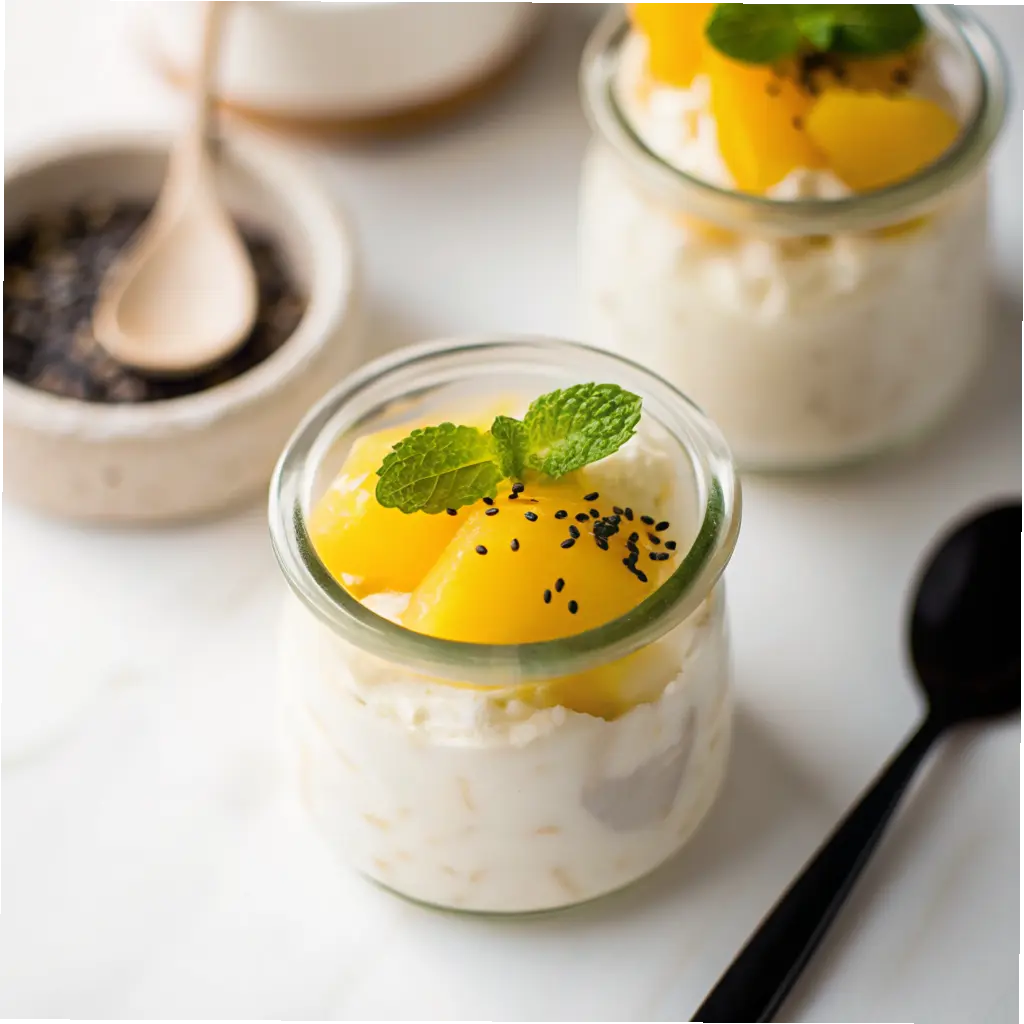 Cottage Cheese and Pineapple: Sweet, Healthy Snack in Minutes 1 Glass jar filled with cottage cheese and pineapple slices topped with black seeds and mint