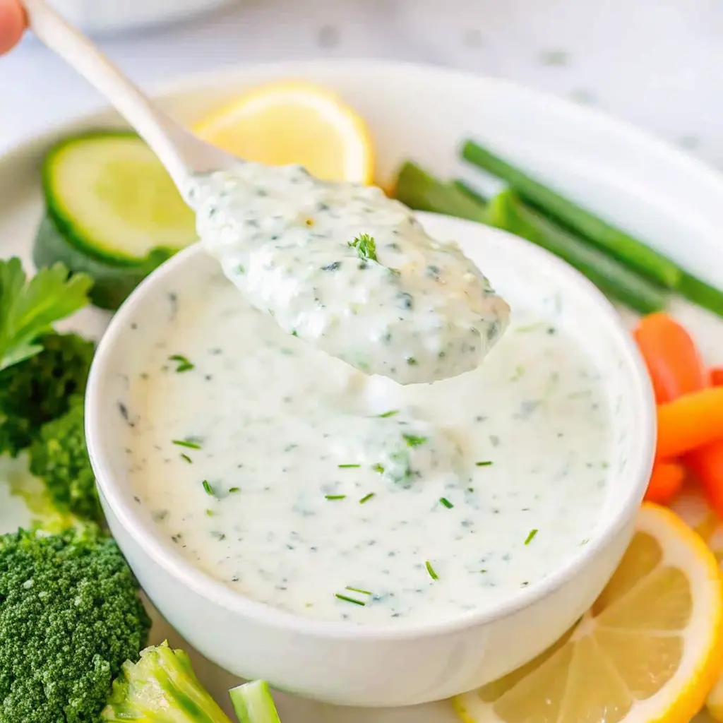 Cottage Cheese Ranch Dip Recipe: Creamy, Easy, and Protein-Packed 2 Cottage cheese ranch dip being scooped with a spoon over fresh vegetables