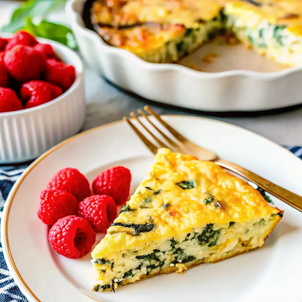 Cottage Cheese and Spinach Crustless Quiche: Easy, Flavorful, and Protein-Packed 4 Cottage cheese spinach quiche slice on a white plate with fresh raspberries and fork