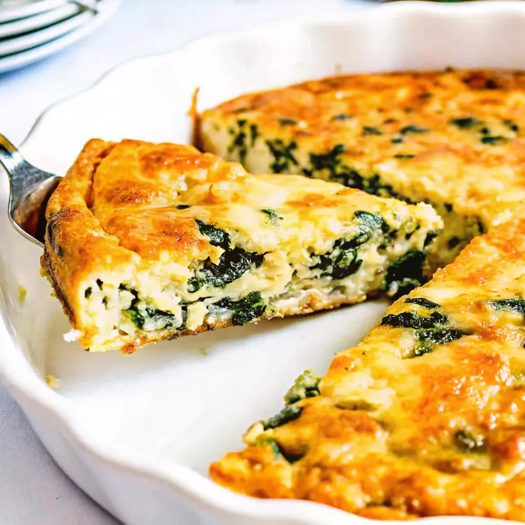 Cottage Cheese and Spinach Crustless Quiche: Easy, Flavorful, and Protein-Packed 2 Close-up of a slice of cottage cheese and spinach crustless quiche being served