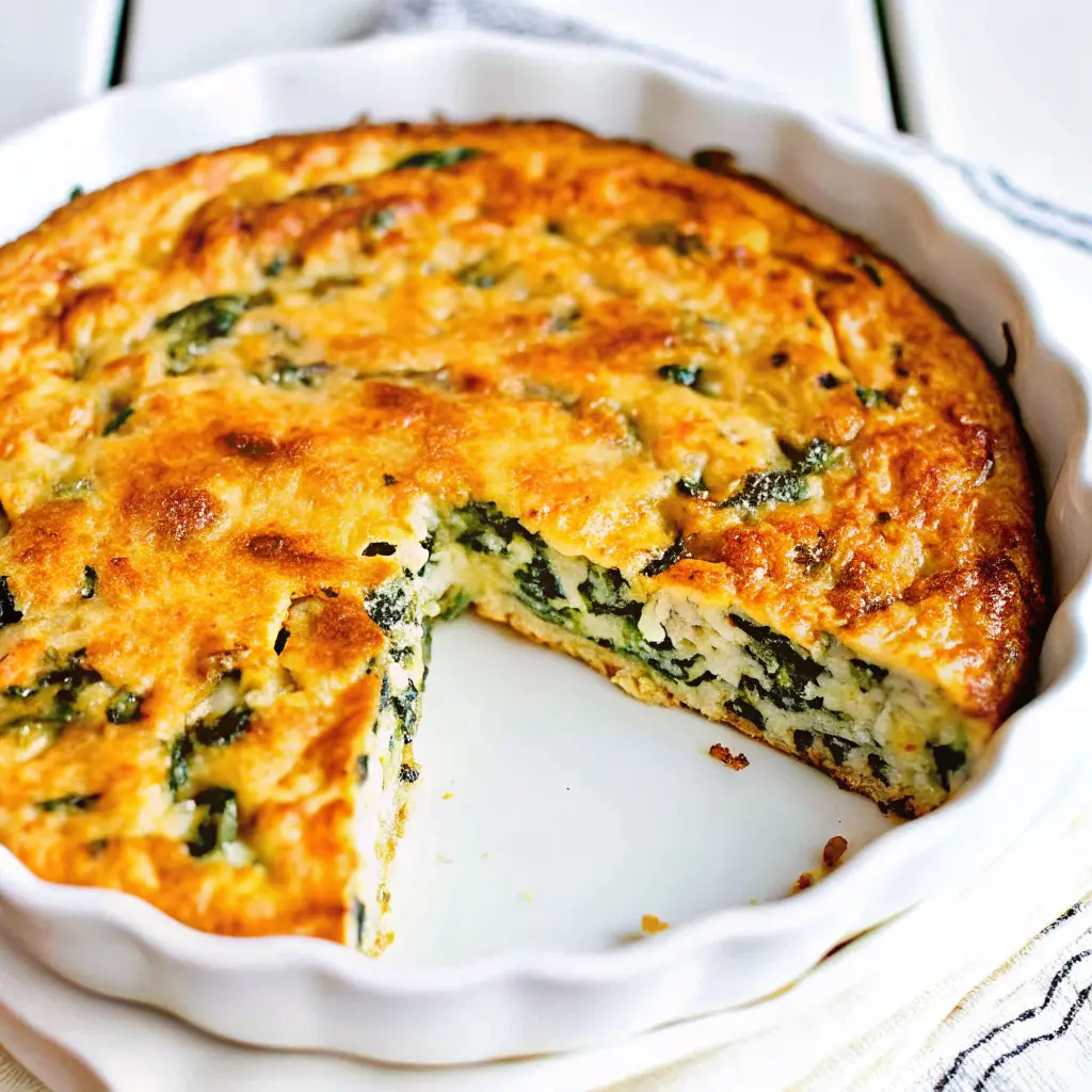 Cottage Cheese and Spinach Crustless Quiche: Easy, Flavorful, and Protein-Packed 1 Baked crustless quiche with spinach and cottage cheese in a white ceramic pie dish