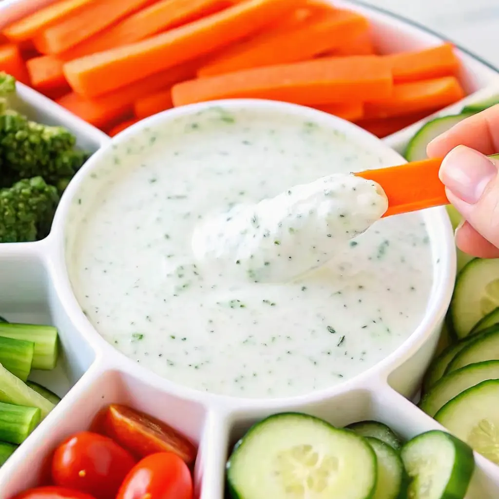 Cottage Cheese Ranch Dip Recipe: Creamy, Easy, and Protein-Packed 1 Fresh carrot dipped into cottage cheese ranch dip surrounded by veggies