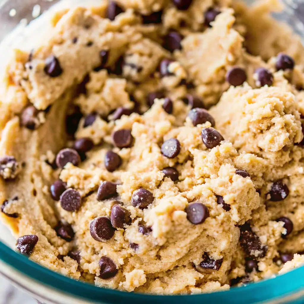 Edible Cookie Dough Recipe for One: Safe, Quick & So Satisfying 4 Close-up of edible chocolate chip cookie dough in a mixing bowl