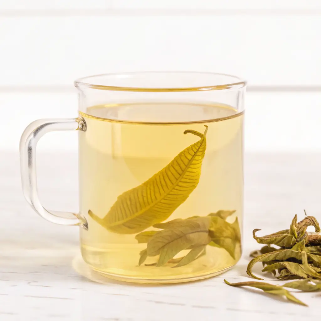 Lemon Verbena Tea Recipe: Soothing, Simple, and Full of Natural Benefits 2 Clear glass cup of lemon verbena tea with floating dried leaves