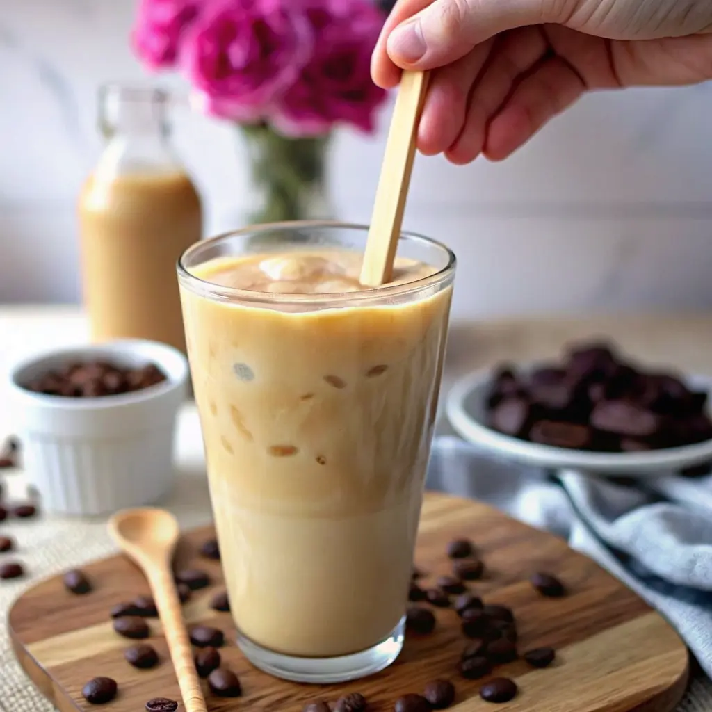 Vietnamese Iced Coffee Recipe: Strong, Sweet, And Easy To Make 4 Hand stirring a glass of Vietnamese iced coffee with ice cubes
